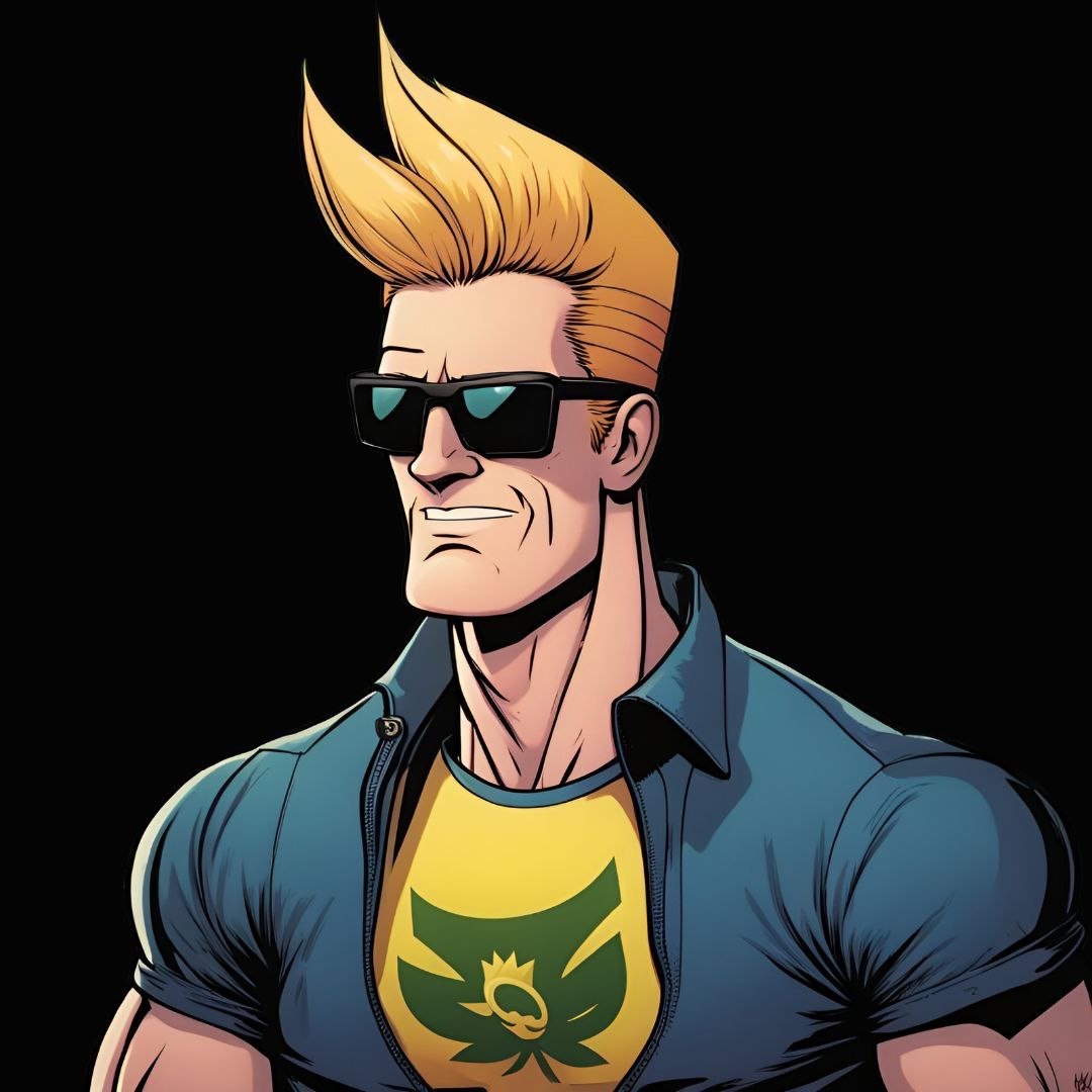 A comic-style Chad with golden hair, dark sunglasses, a blue jacket and a yellow shirt.